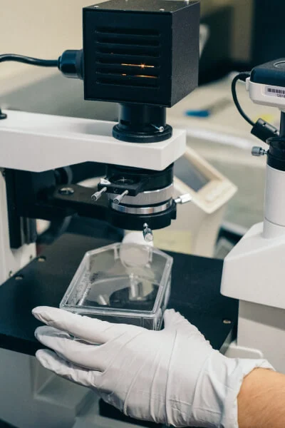 Biosafety training: gloved hands handling laboratory tools